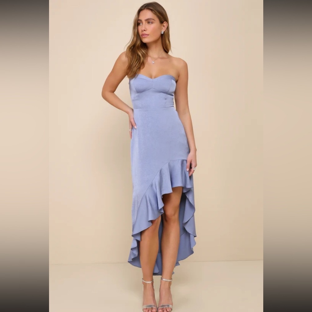 Lulus Blushing Darling Slate Blue Strapless High-Low Maxi Dress
